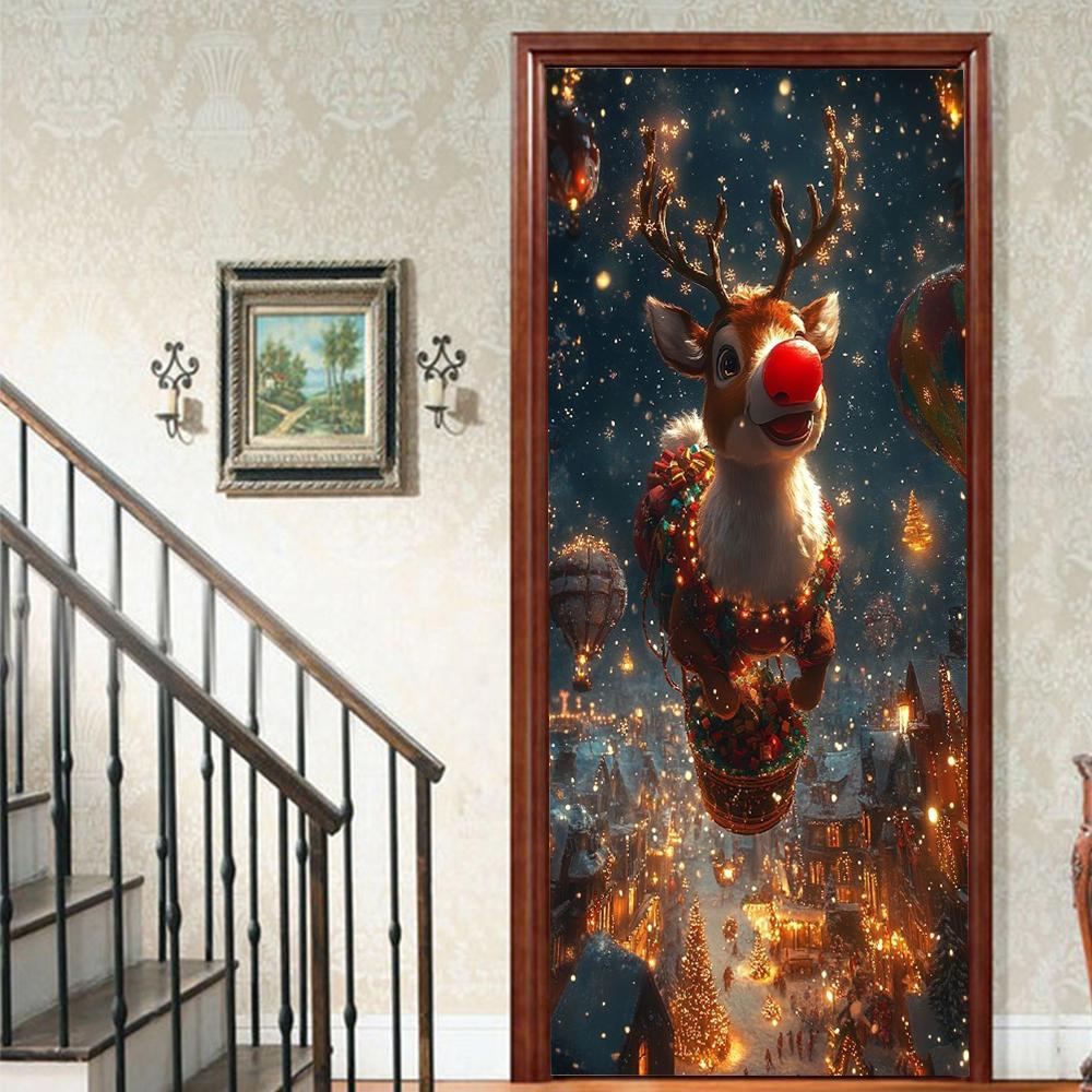 Christmas Santa Claus PVC Self-Adhesive Waterproof Door Sticker Modern Simulation Door Mural Wallpaper Living Room Study Home Decor Art Door Poster