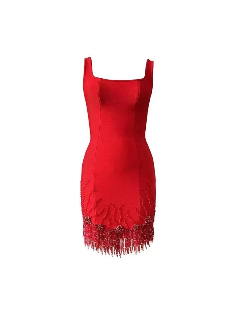 Europäisches & Amerikanisches trägerloses Bodycon Fransen Strass Bandage Kleid mit Spaghettiträgern – Elegantes Nachtclub Kleid