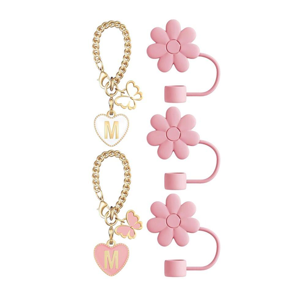 Růžový květinový pohár písmenkové přívěsky řetízek ozdoby na brčko 10mm krytka na brčko pro tumbler s uchem