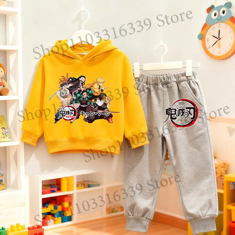 Felpa con Cappuccio e Pantaloni Anime Demon Slayer Set per Bambini Felpa con Cappuccio Giacca Pantaloni Set Ragazzi Ragazze Top Pullover Autunnale Abbigliamento Regalo