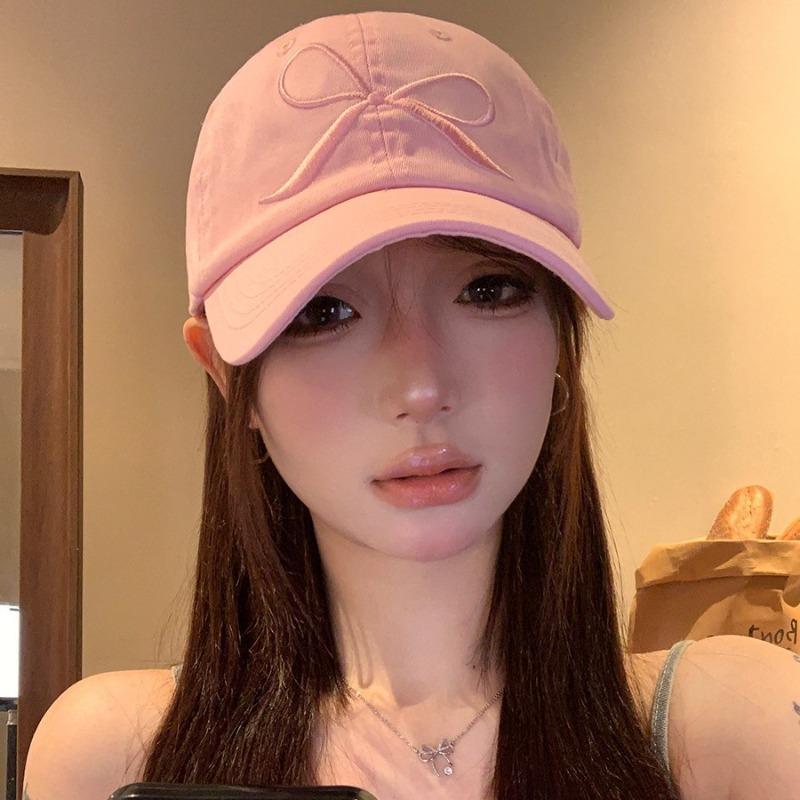 Bow Pink Hat Female Cute Baseball Cap Wide Brim Soft Top Cap Show Face Small Spring and Autumn Travel Without Makeup