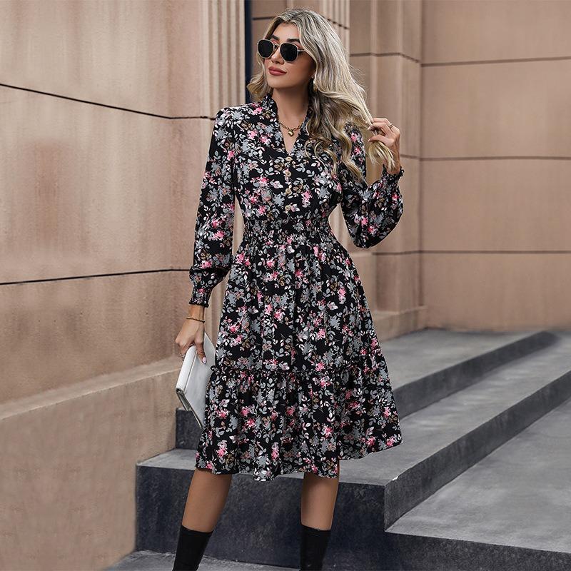 Women's Spring Dress Temperament Elegant Dress with Long Sleeves and Floral Print
