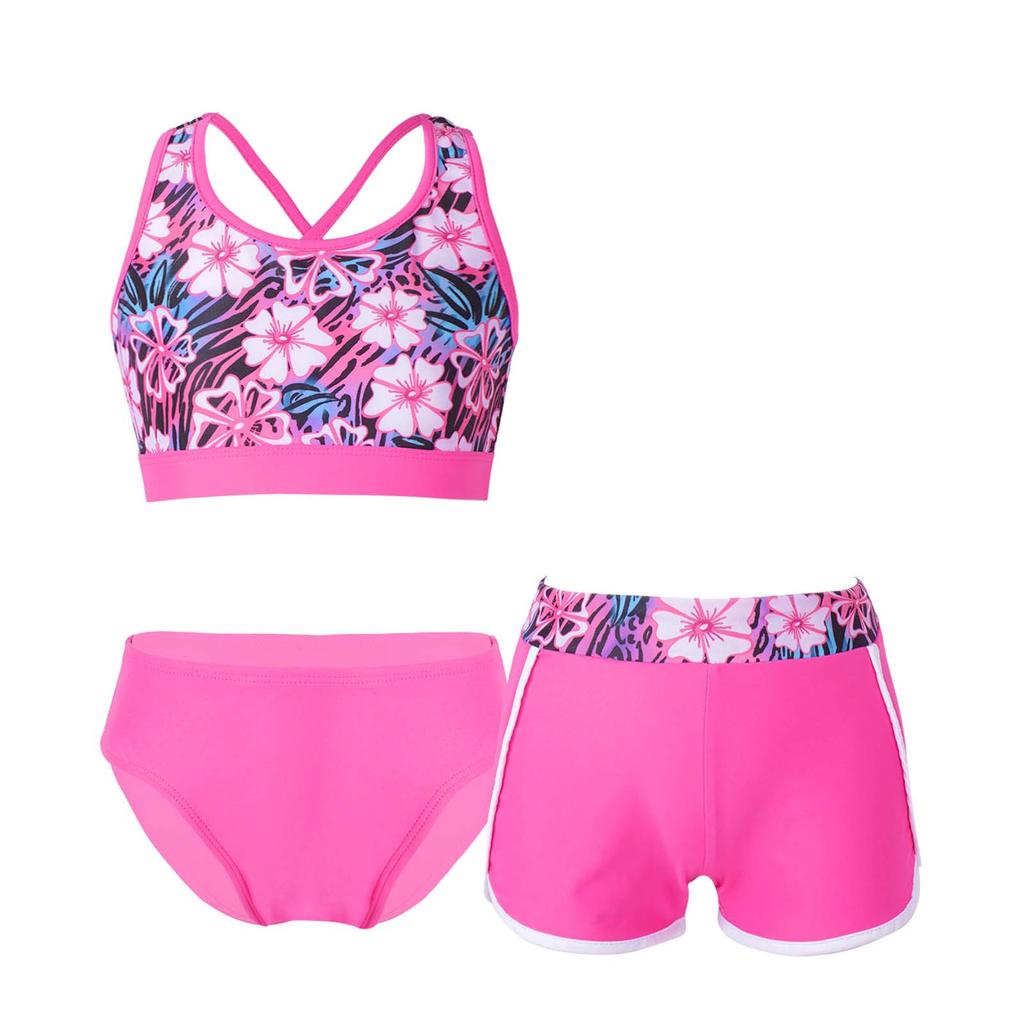 Kids Girls 3 Piece Swim Set U Neck Cross Back Crop Top with Swim Shorts and Briefs Beach Pool Rashguard Outfit Sun Protection