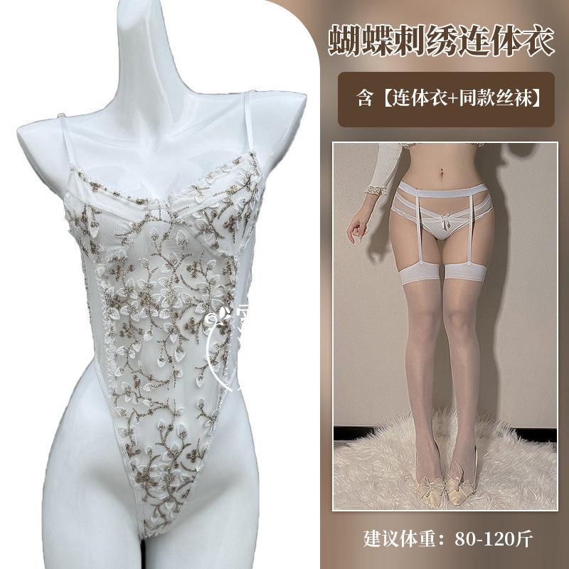 One-piece Erotic Underwear Hot-selling Lace Embroidery Hollow Transparent Sexy Suspender Mesh Temptation