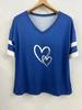 Spring/Summer Women's Heart Print V-Neck Striped Loose T-Shirt with Drop Shoulder