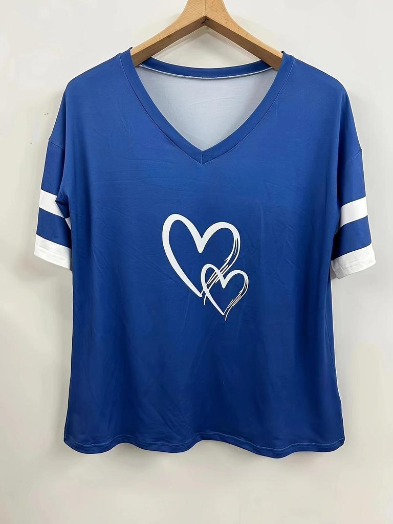 Spring/Summer Women's Heart Print V-Neck Striped Loose T-Shirt with Drop Shoulder