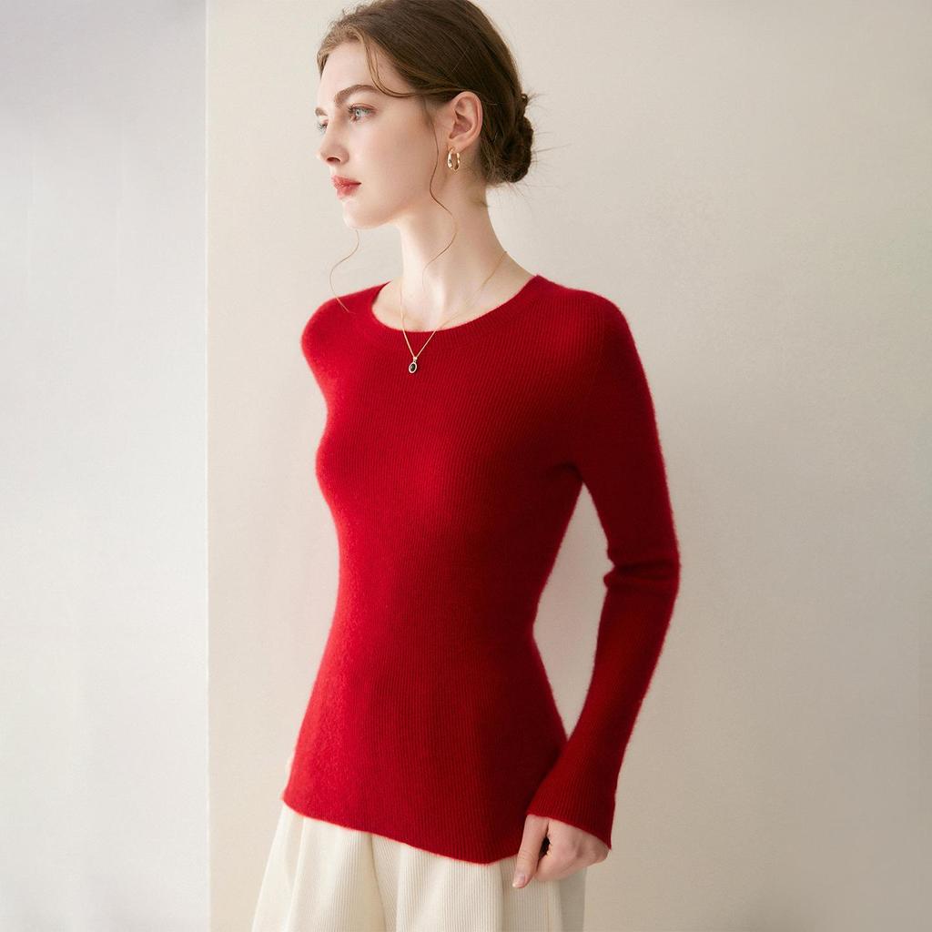 Le Kasha 2026 Women's 100% Cashmere Sweater: Ribbed Round Collar, Long Sleeve, Twelve Gauge Single Thread