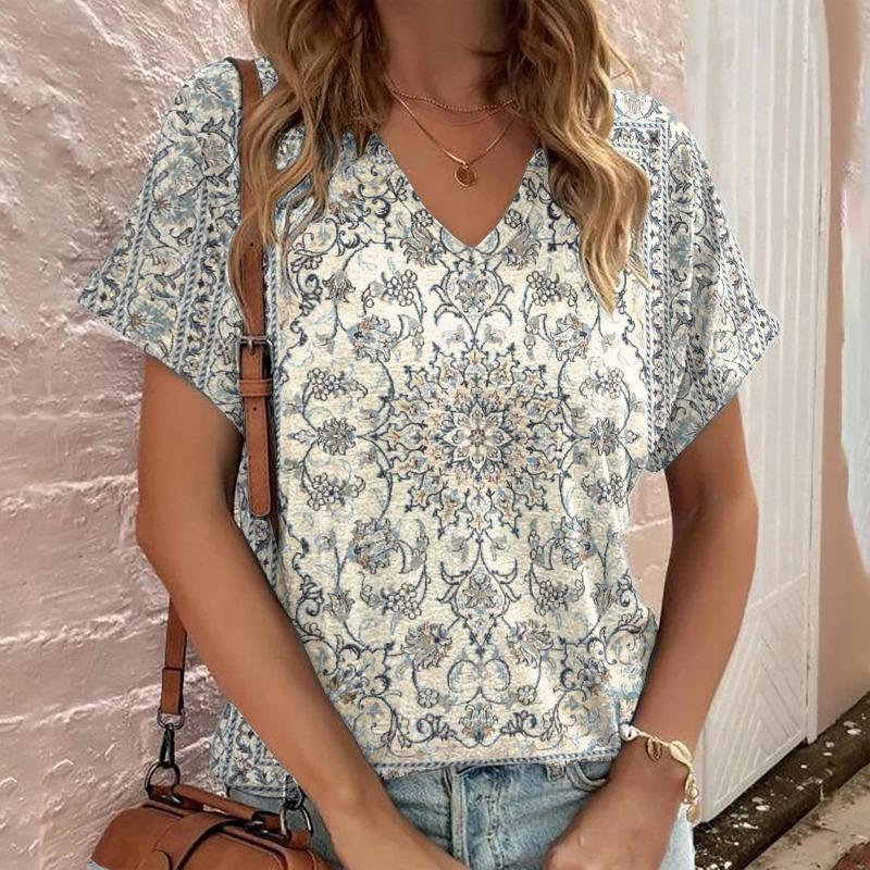 Casual Bohemian Print Women's Short Sleeve V-Neck Top T-Shirt
