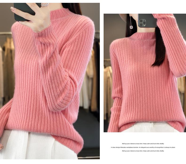 2024 Autumn/Winter Women's Pure Wool Half-High Collar Ribbed Sweater - Slim, Versatile, and Loose-Fitting Knit Top