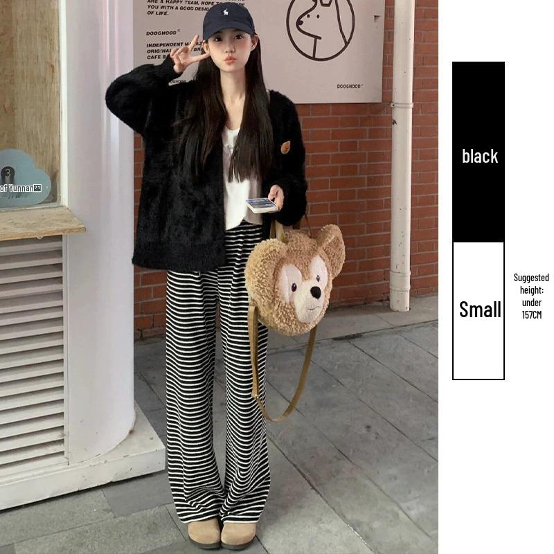 

Маленькие коричневые полосатые летние вязаные брюки широкого кроя для женщин L (106-115 lbs)