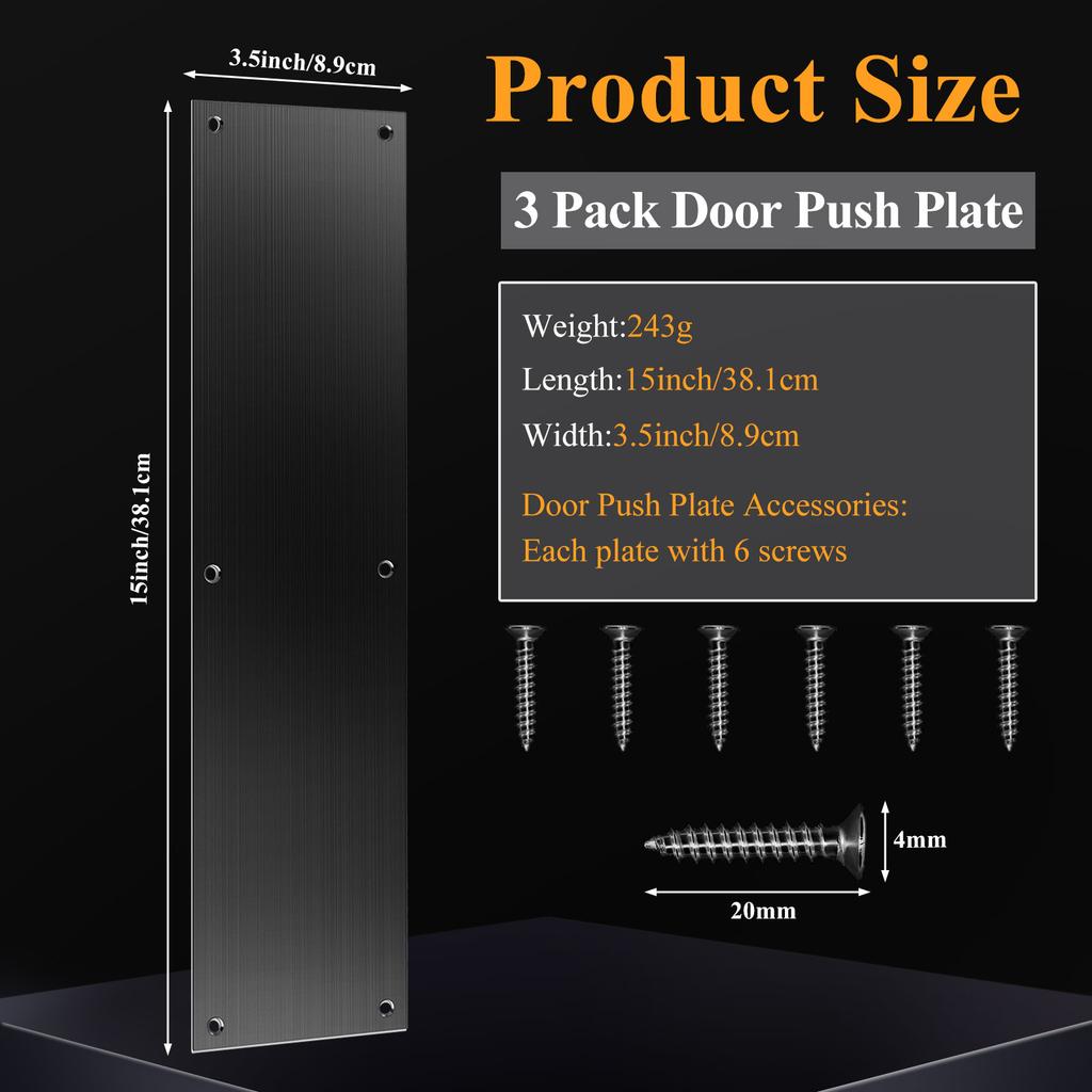 3 ks Push Door Plate 15X3,5" Nerezová ocelová deska pro tlačení dveří, Nášlapná deska dveří, Kovová deska na ochranu dveří s 1