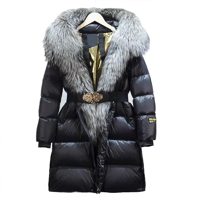 Giacca Invernale con Cappuccio e Collo in Pelliccia di Volpe e Procione da Donna Spessa Calda Piumino d'Anatra Lunga Streetwear Capispalla Staccabile
