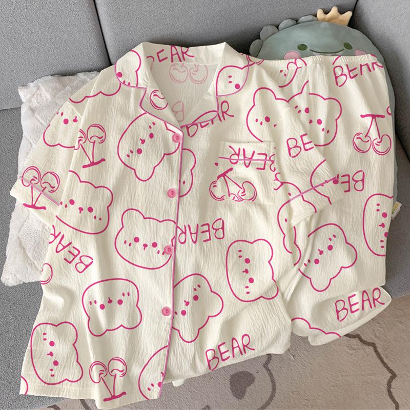 Cute Bear Cloud Cotton Pajamas Women'S Summer Short-Sleeved Trousers Sweet Loungewear Suit Can Be Worn Outside