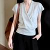 Women's Slimming Dark Blue Lyocell Tencel Knit Top with Cross-Collar & Cinched Waist