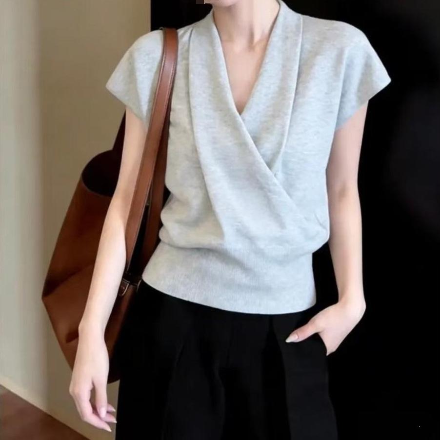 Women's Slimming Dark Blue Lyocell Tencel Knit Top with Cross-Collar & Cinched Waist