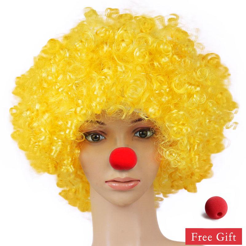 Parrucca da Clown Colorata Afro Riccia Sintetica Cosplay per Uomini Donne Parrucca per Festa di Carnevale Rossa Verde Gialla Blu Naso da Clown