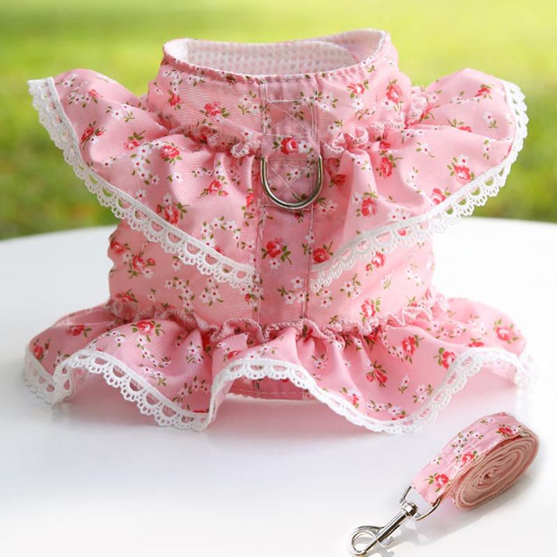 Dog Dress Harness Leash Set for Small Dogs Cats Daisy Floral Girl Dog Cute Puppy Princess Clothes Spring Summer Breathable
