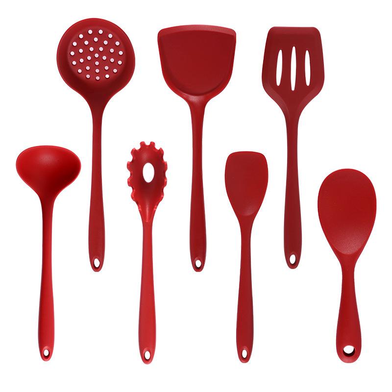 Silicone Kitchenware Set: Non-stick Spatula, Salad Spoon, Slotted Spoon, Rice Spoon, Flour Scoop, Strainer
