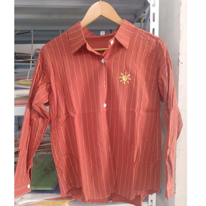 Orange&red Casual Cotton Long Sleeve Shirt Women Lapel Button Up Embroidery Sun Striped Shirts