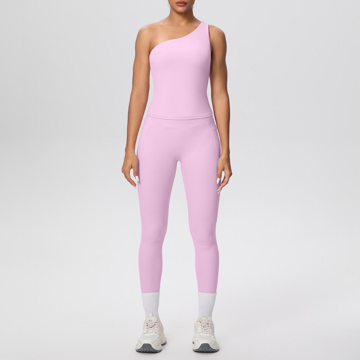 

One-Shoulder Cross-Strap Sports Vest & High Waist Yoga Pants with Pockets - Women s Slim Fit, Skin-Friendly Fitness Wear XL