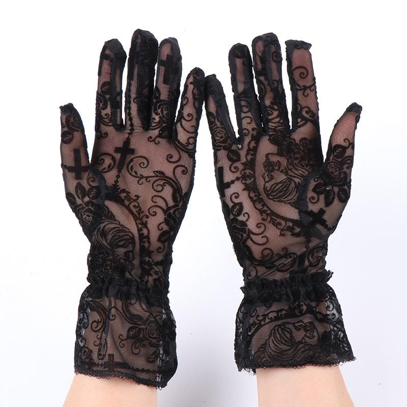 

Сексуальные черные кружевные сетчатые длинные перчатки с цветами-крестами для женщин, эластичные, прозрачные, аксессуары для косплея, Хэллоуина, сценических выступлений One Size
