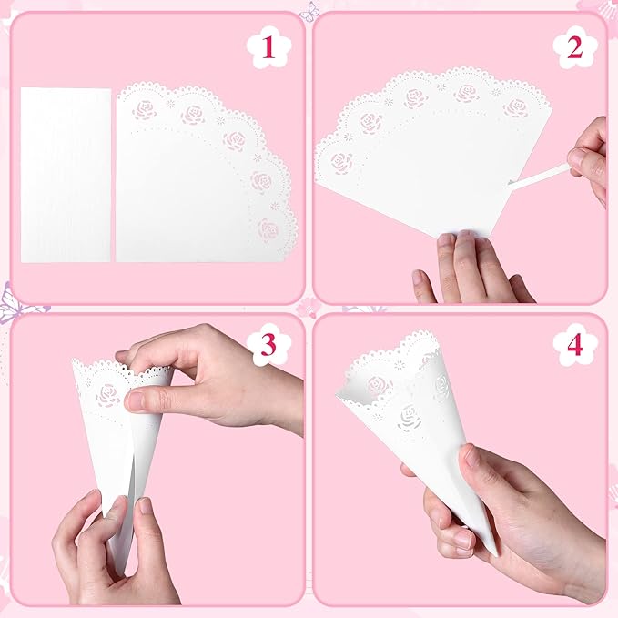 50 Pcs Paper Confetti Cones Wedding White Paper Tapers Hollow Print Cone for Party Petal Small Bouquet White Paper Cones for Candy Buffet