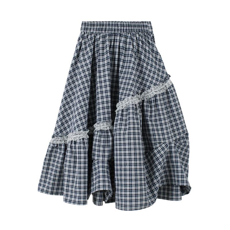 Girl's Plaid Pleated Skirt with Lace Trim