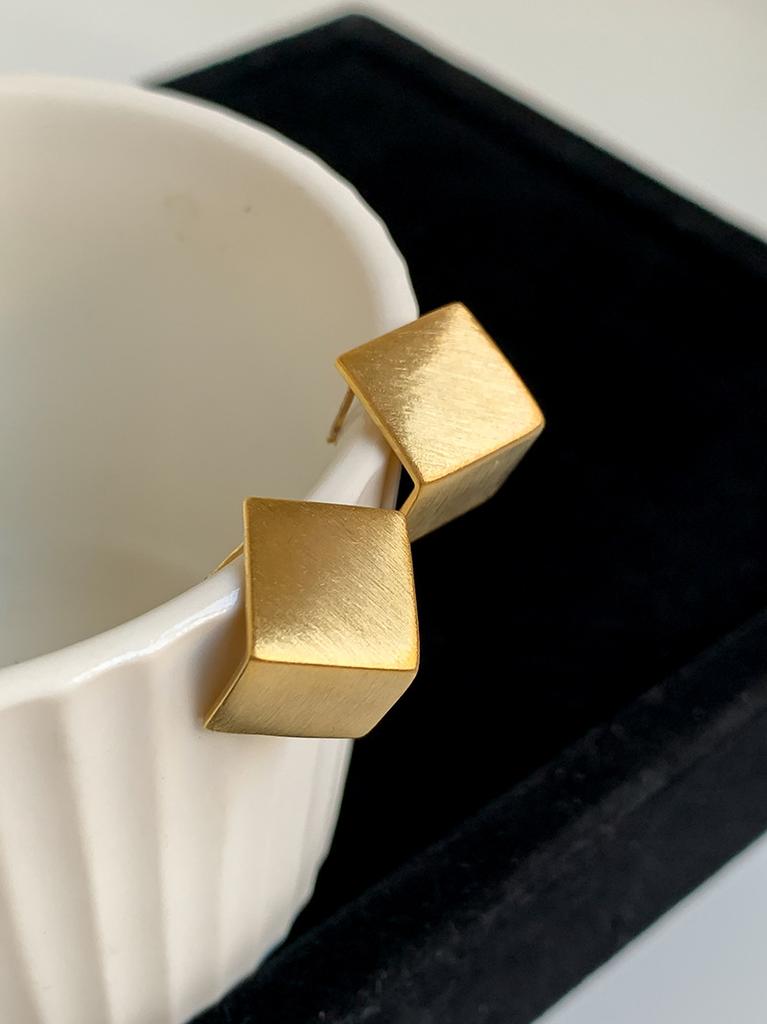 S Silver Needle Three-dimensional Square Brushed Metal Small Square Earrings Simple Design Sense of Moisture Cold Wind Niche Earrings