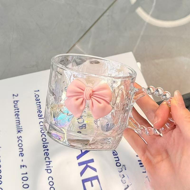 Viral Handle Glass Mug Heat Resistant Transparent Cup with Bowknot Minimalist Design for Home Coffee Tea Beverage Drinking