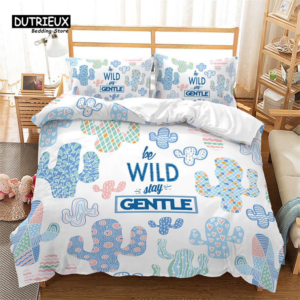 Cartoon Cactus Duvet Cover Spring Garden With Boho Style Bouquet of Thorny Plants Blossoms Decor 3 Piece Bedding Set Pillowcases
