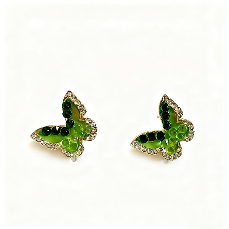 Gradient Color Green Crystal Stone Edged Butterfly Stud Earrings Fashion High-End Versatile Trendy Ear Jewelry