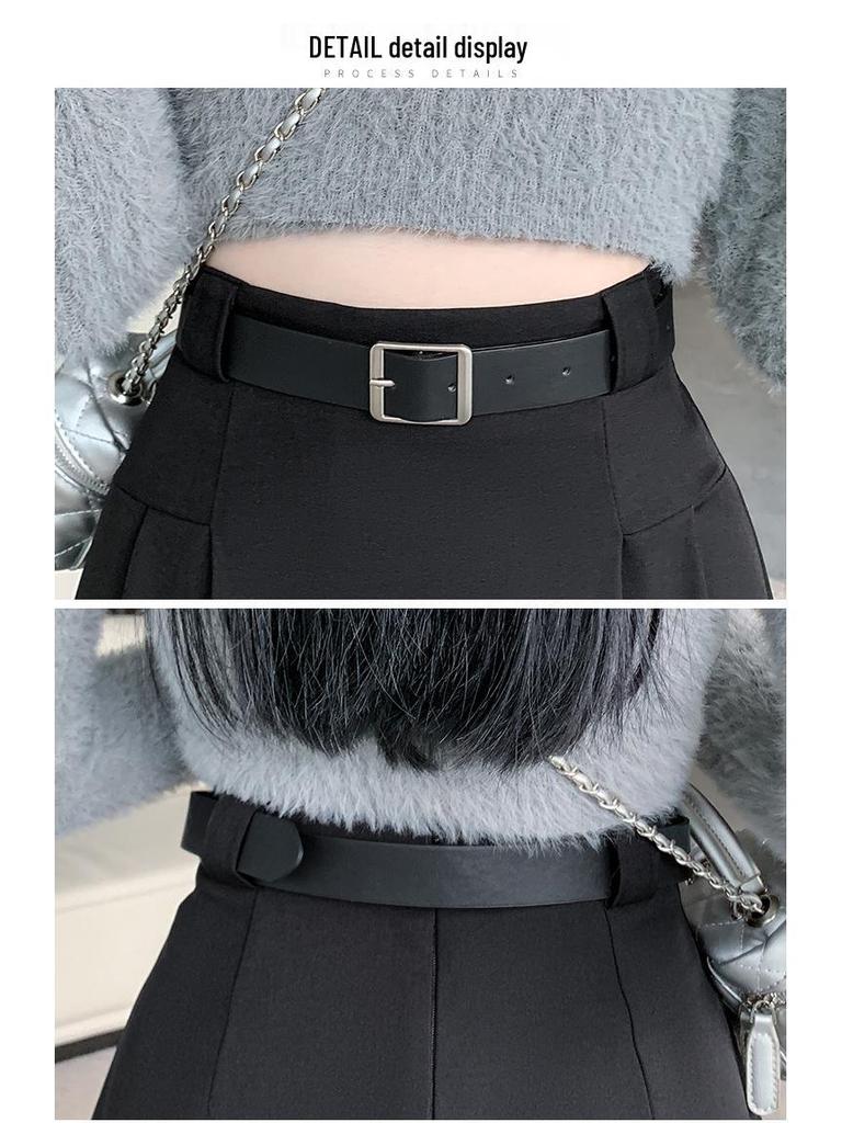Petite High-Waisted Gray Pleated A-Line Skirt for Women - Slim-Fit, Mid-Length, Spring/Autumn 2025 Collection