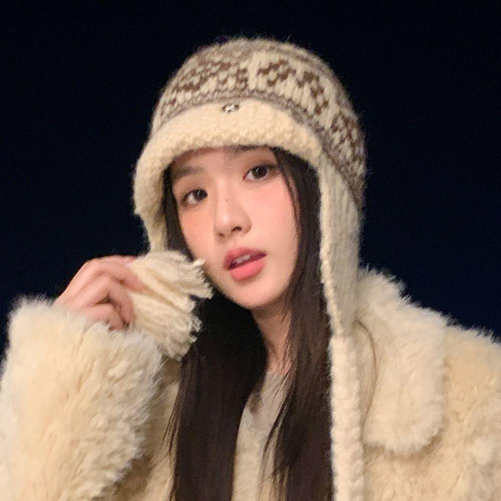 Tassel Jacquard Knitted Hat Korean Style Beanies Hat Casual Ear Cap Outdoor