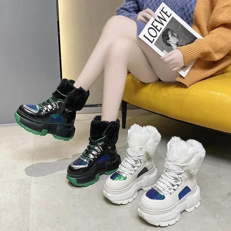 Winter Women's Snow Boots Ankle Boots with Fur Warm High Boots Outdoor Plush Shoes New Anti-skid Chunky Leather Sneakers