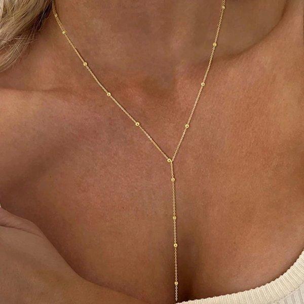 Bohemian Gold Color Metal Y-shaped Necklace for Women Double Laryered Long Chain Stacking Choker Necklace Fashion Jewelry Gift