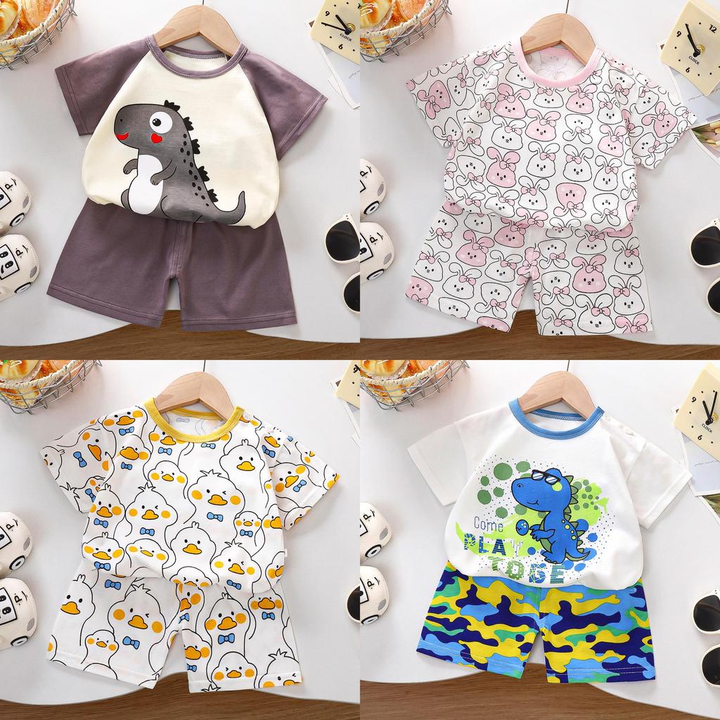 Cartoon Dinosaur Kids Summer Short Sleeve Set With Breathable Cotton For Toddler Boys And Girls