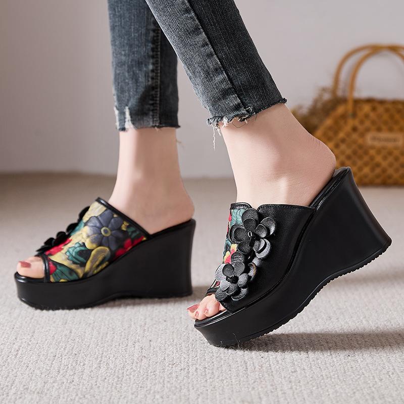 Mode 7cm Schweinsleder Echtes Leder Damen Peeptoe Pumps Mary Jane Slipper Flats Sommer Keilabsatz Plateau Sandalen Modeschuhe