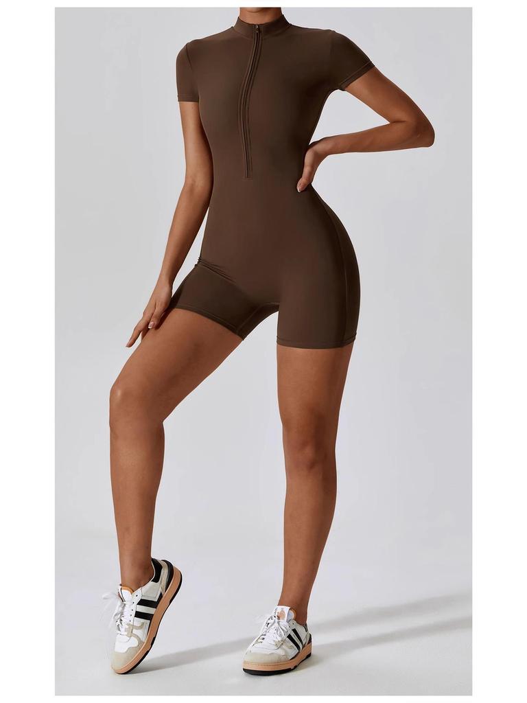 Women's Summer Zipper Short Sleeve Yoga Bodysuit Jumpsuit