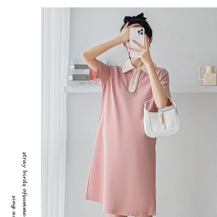 

Mid-Length Powder Blue Polo Maternity Dress - 2026 Summer Style with Lapel and Short Sleeves M (80-110 jin)