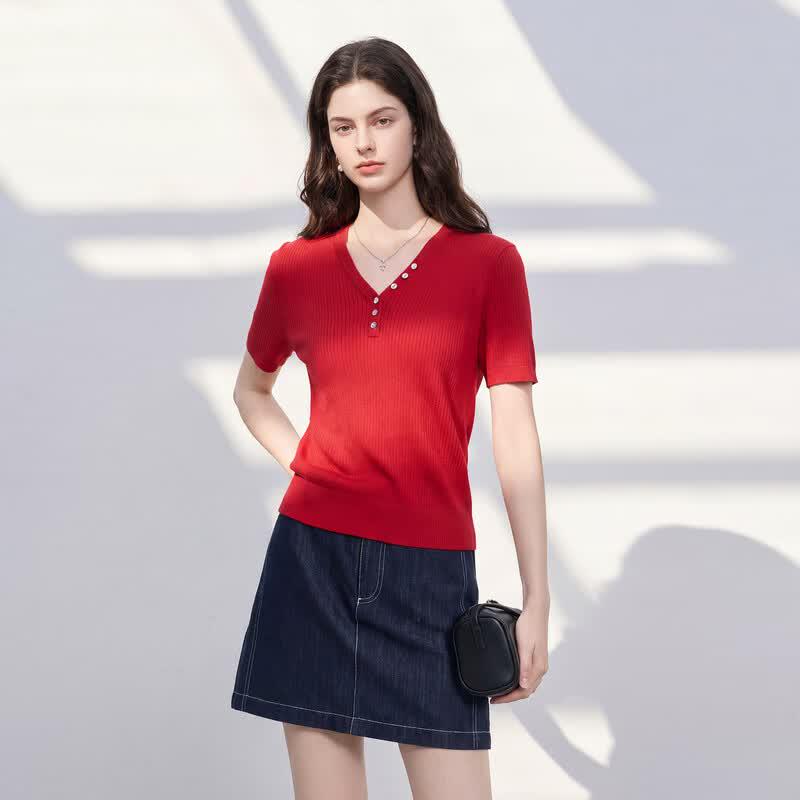 Women s V-Neck Slim Fit Short Sleeve Knit Sweater M