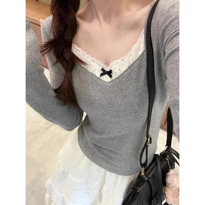 Camiseta de manga comprida com patchwork de renda para mulher, laço, decote em V, slim, cinza, algodão, camisetas, outono, casual, doce, fofo, harajuku, tops y2k