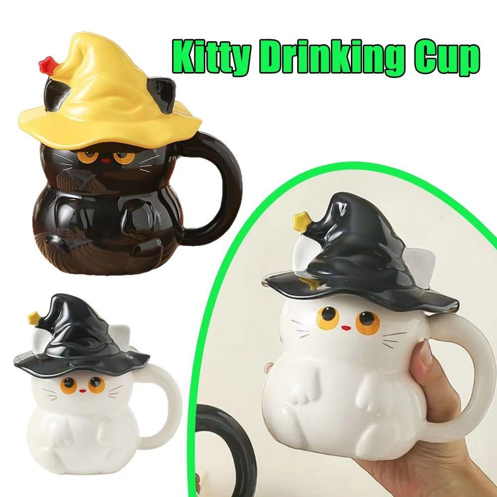 With Lid Ceramic Ghost Cat Mug 450ml Magic Kitty Coffee Cup Magic Hat Milk Cup Afternoon Tea