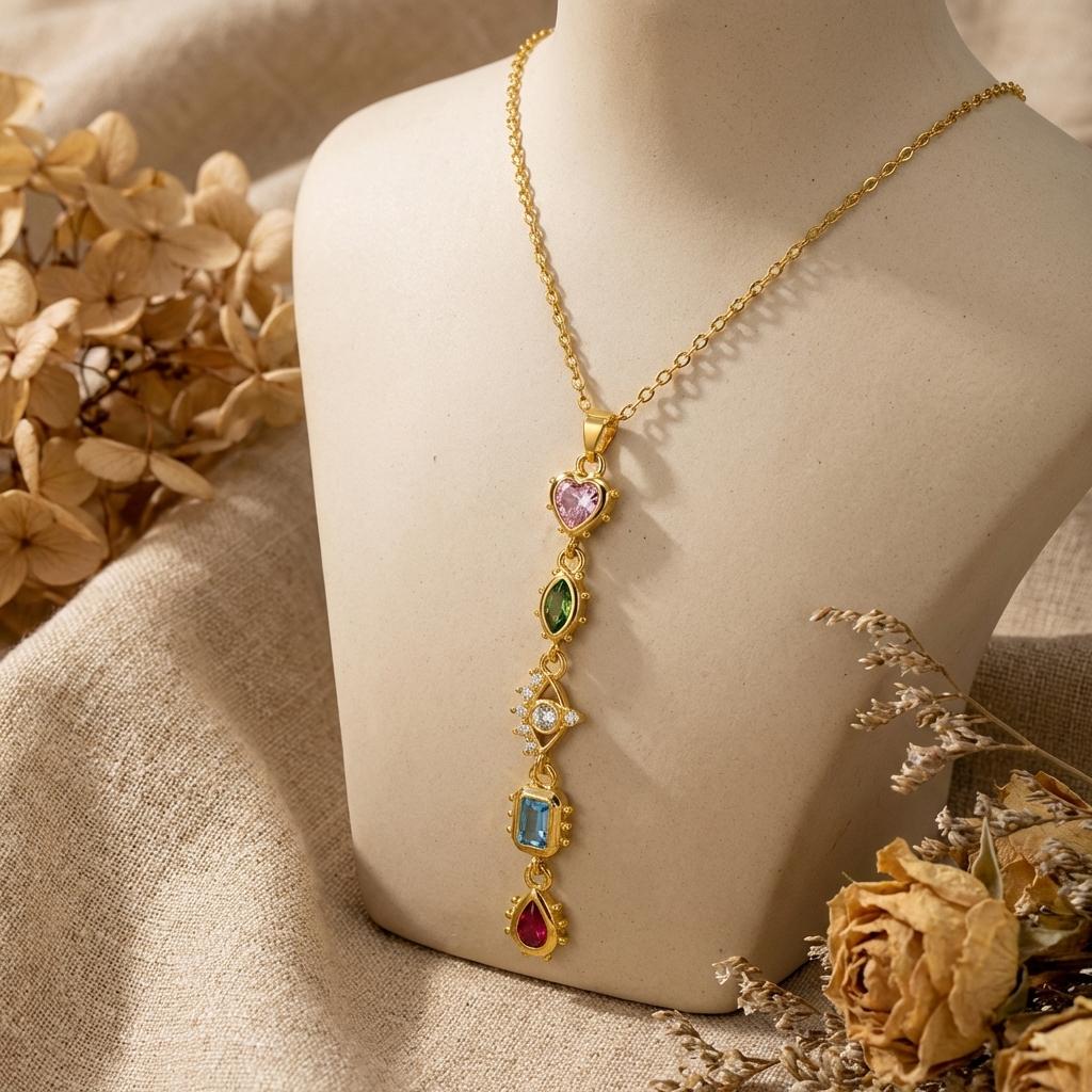 Stainless Steel Colorful Rhinestone Long Pendant Necklace for Women Zircon Eye Sun Moon Water Drop Choker Party Wedding Jewelry