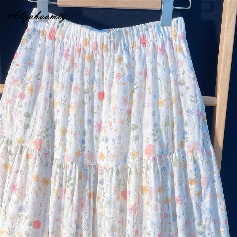 Japanese Mori Girl Spring Summer Women Midi Skirt Elastic Waist Colorful Floral Sweet Skirt Elegant Feminine Ladies' Pretty Skirt