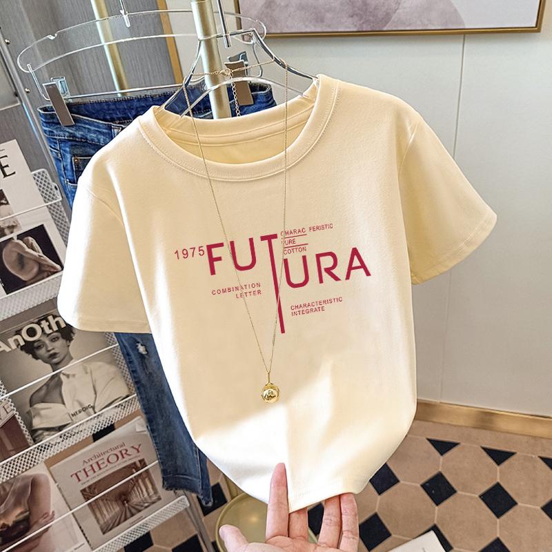 

2025 лето новая абрикосовая хлопковая футболка с коротким рукавом женский дизайн принт на плече спереди S