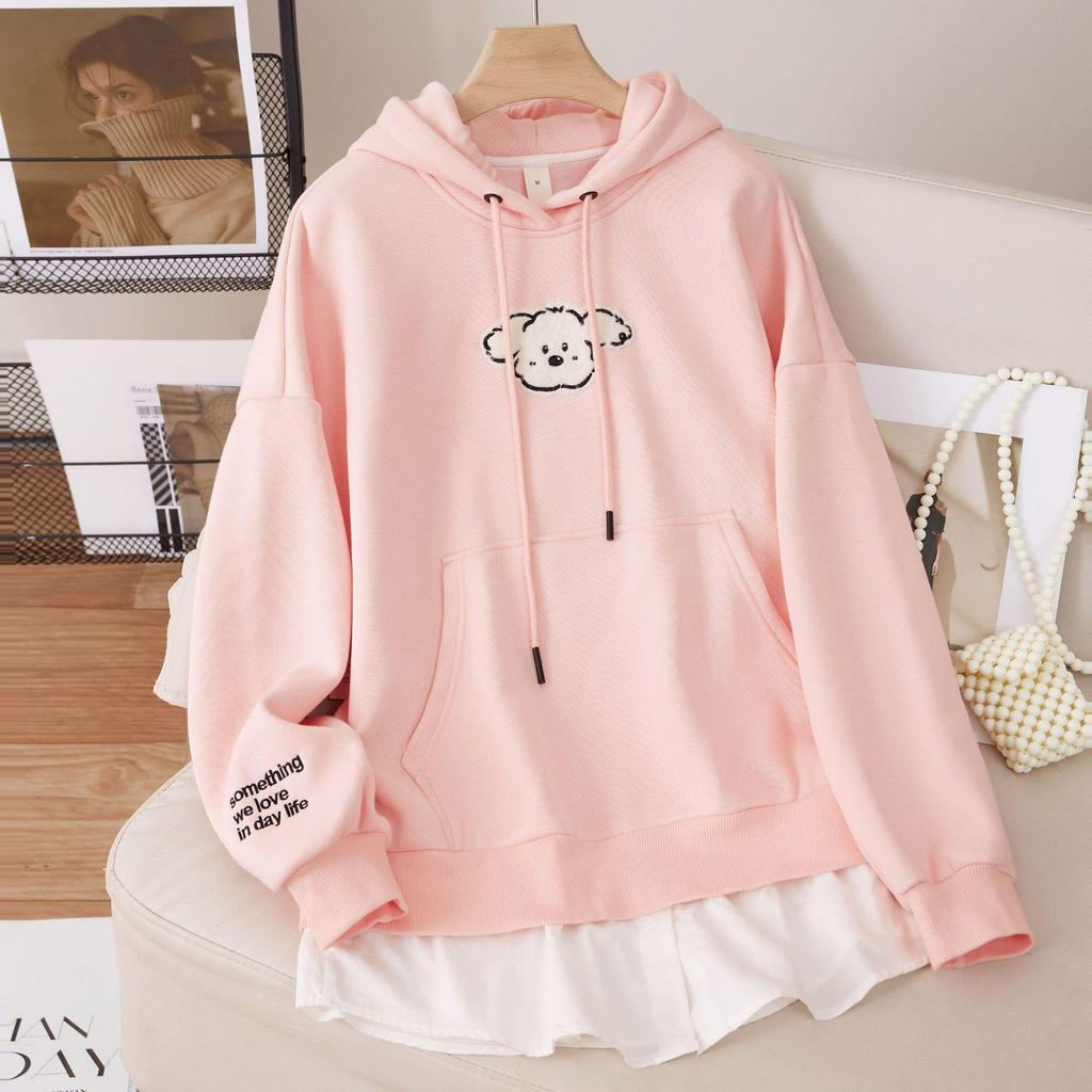 Women's Fleece-Lined Two-Piece Look Hooded Sweatshirt - Slimming, Loose Fit, Korean Style for Autumn/Winter 2025.