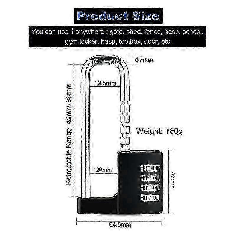 Combination Padlock Outdoor Waterproof Heavy Duty with Code Multifunctional Adjustable Long