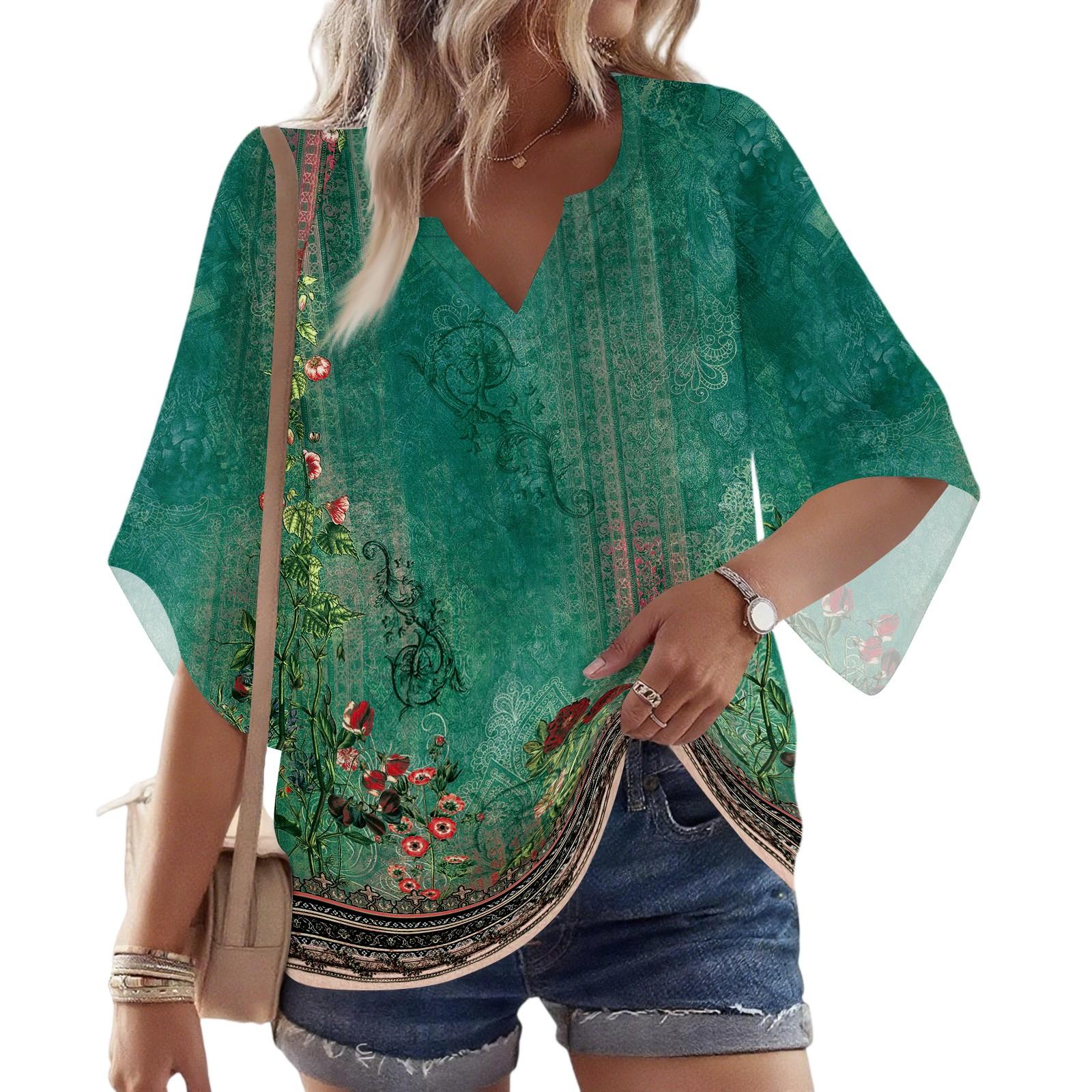 

Women s 3/4 Sleeve V Floral Shirt Casual Loose Tunic Top L бежевий