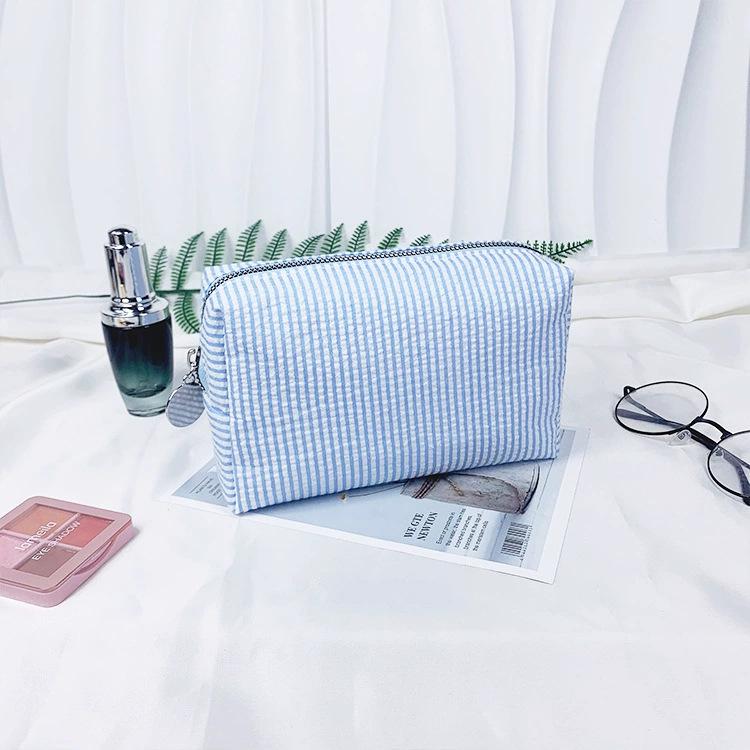 Personalized Seersucker Embroidered Striped Makeup Bag for Travel & Toiletries