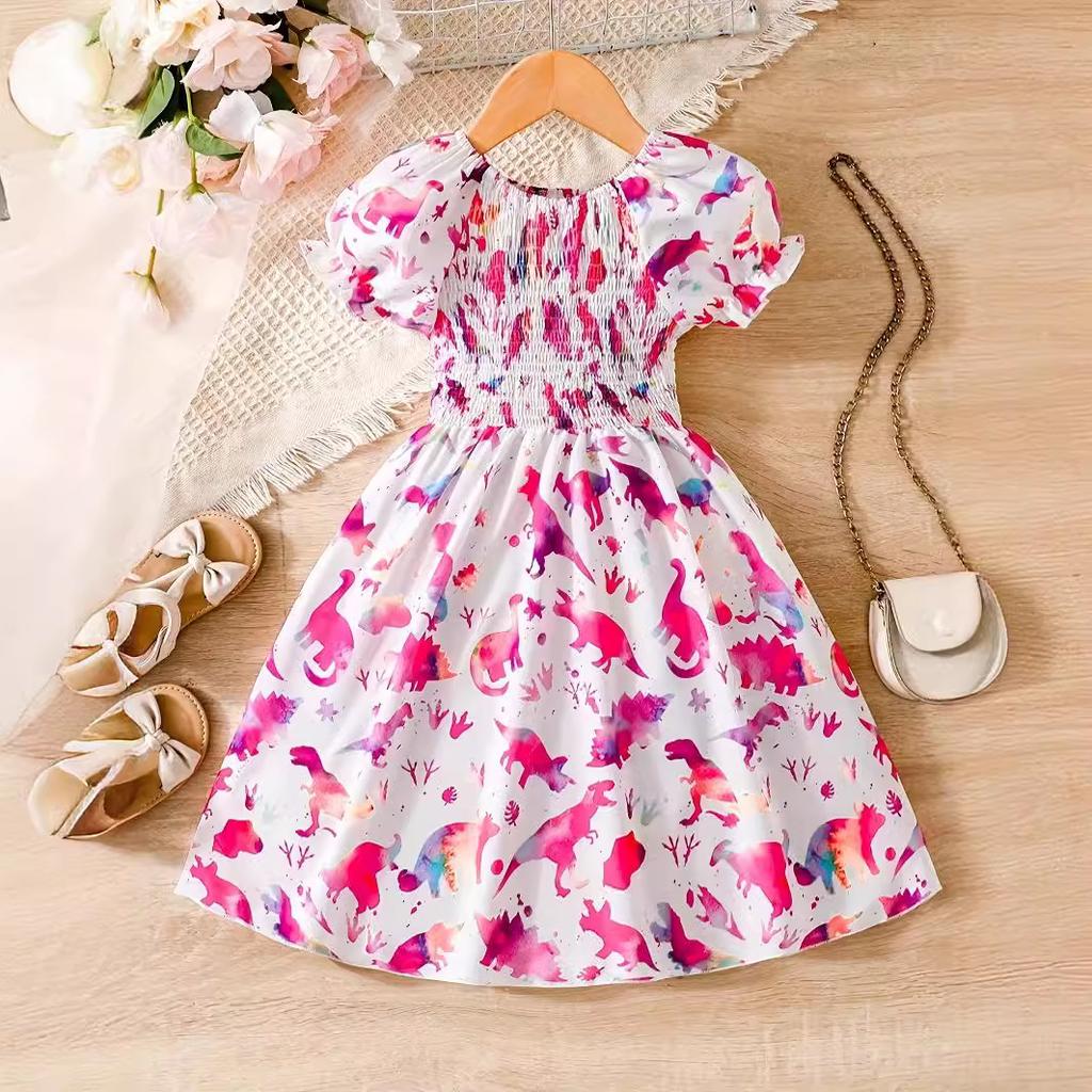 Girls' Waisted Cartoon Dinosaur Print Dress Summer Fashion Dress for Children